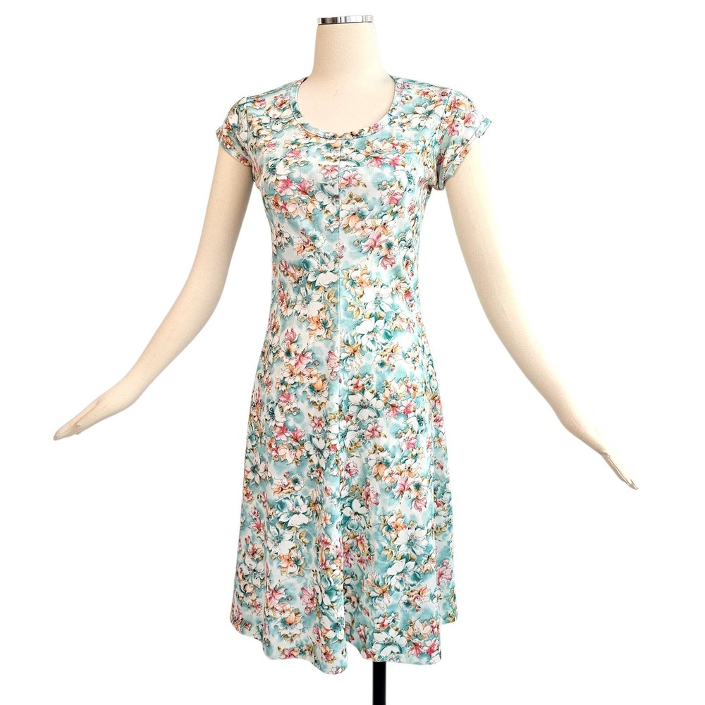 Vintage 1970s Dress Sundress Pastel Blue Floral Short Sleeve Montgomery Ward